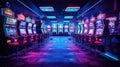 Neon-lit Slot Machines in Modern Casino Gaming Area GenerativeAI Royalty Free Stock Photo