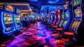 Neon-lit Slot Machines in Modern Casino Gaming Area GenerativeAI Royalty Free Stock Photo