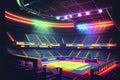 A neon-lit sports arena or stadium with glowing seats and bright, colorful scoreboards, ai illustration