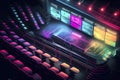 A neon-lit sports arena or stadium with glowing seats and bright, colorful scoreboards, ai illustration