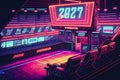 A neon-lit sports arena or stadium with glowing seats and bright, colorful scoreboards, ai illustration