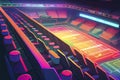 A neon-lit sports arena or stadium with glowing seats and bright, colorful scoreboards, ai illustration