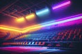 A neon-lit sports arena or stadium with glowing seats and bright, colorful scoreboards, ai illustration