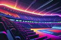 A neon-lit sports arena or stadium with glowing seats and bright, colorful scoreboards, ai illustration