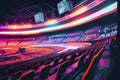 A neon-lit sports arena or stadium with glowing seats and bright, colorful scoreboards, ai illustration