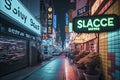 a neon-lit street in a city at night, lined with various signs and advertisements, taken from a low angle, ai generative