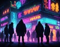 Neon-Lit Street with Silhouetted Figures. Illustration created with Generative AI Royalty Free Stock Photo