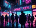 Neon-Lit Street with Silhouetted Figures. Illustration created with Generative AI Royalty Free Stock Photo