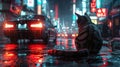 In the neon-lit streets of a cyberpunk world, a feline figure emerges part machine, part