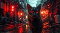 In the neon-lit streets of a cyberpunk world, a feline figure emerges part machine, part orga