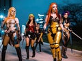 Cyberpunk activists protest in futuristic city