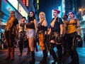 Cyberpunk activists protest in futuristic city