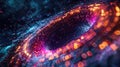 Neon-lit, swirling data patterns across a computer neural network against a digital darkness. Big data visualization