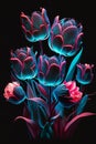 Neon lit tulips isolated on black background