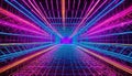 Neon-lit tunnel illuminated lights in dimly lit room creates abstract geometric grid colorful rays