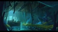 A neon-lit underwater world filled with bioluminescent creatures and ancient ruins.