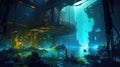 A neon-lit underwater world filled with bioluminescent creatures and ancient ruins.