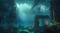 A neon-lit underwater world filled with bioluminescent creatures and ancient ruins.