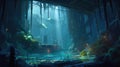 A neon-lit underwater world filled with bioluminescent creatures and ancient ruins.