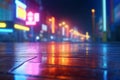 Neon-lit urban setting with searchlight beam, smoky abstract ambiance on wet asphalt.