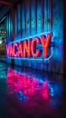 Neon-lit VACANCY sign in bold 3D letters on a reflective blue surface indicating available employment opportunities or Royalty Free Stock Photo