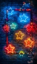 A neon-lit vertical banner on a brick wall, with a realistic frame and a five-star rating, representing a modern neon Royalty Free Stock Photo