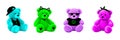 Neon little teddy bear doll set. Vector illustrations isolated on white background.