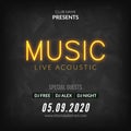 Neon Live Music Concert Acoustic Party Poster Background Template with neon text sign flyer Royalty Free Stock Photo