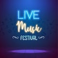 Neon Live Music Concert Acoustic Party Poster Background Template with spotlight and stage