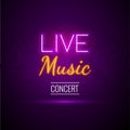 Neon Live Music Concert Acoustic Party Poster Background Template with text sign spotlight and stage.