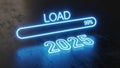 Neon loading bar at 99% with 2025 illuminated below on dark background Royalty Free Stock Photo