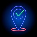 Neon location icon with green approve symbol