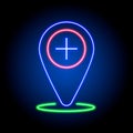 Neon location icon with medical cross symbol
