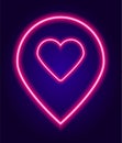 neon location signs are pink with a circle heart. Isolated element glow-in-the-dark pointers on a pink colored map line