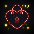 Neon lock sign. Light padlock symbol. Safety, secret, privacy, protection theme. Bright heart shape.