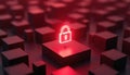 Neon lock symbol glows red in abstract dark cubes. Digital security concept, cyber protection and data privacy represented by Royalty Free Stock Photo