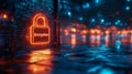 Neon lock symbolizing data encryption in a futuristic digital environment Royalty Free Stock Photo