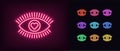Neon love eye icon. Glowing neon eye sign with heart iris, healthy vision Royalty Free Stock Photo