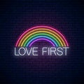 Neon Love first text and LGBT rainbow. Pride sign design template, LGBT logo, design in neon style Royalty Free Stock Photo