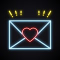 Neon love letter envelope sign. Bright light heart shape.