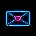 Neon love letter icon isolated on black background. Blue envelope with pink heart stamp. St. Valentine Day, mail, love Royalty Free Stock Photo