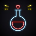 Neon love sign. Bright fluid bottle. Romantic theme. Heart light shape. Happy Valentine`s day.