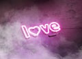 Neon love symbol on dark stone wall mockup with smoke