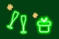 Neon luminous icons of gift box and 2 wine glasses with hashtags. Concept for greetings or search