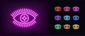 Neon magic eye icon. Glowing neon eye sign with glint iris, spiritual vision