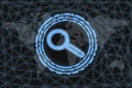 Neon Magnifier Icon, With dark background and world map. Graphic concept for your design Royalty Free Stock Photo