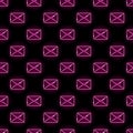 Neon mail envelope seamless pattern. Pink icons on black background. Email, message, letter concept. Vector illustration Royalty Free Stock Photo