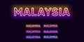 Neon Malaysia name, Asian Country. Neon text of Malaysia. Vector set of glowing Headlines