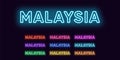 Neon Malaysia name, Asian Country. Neon text of Malaysia. Vector set of glowing Headlines