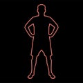Neon man holding hands on belt confidence concept silhouette manager business icon red color vector illustration image flat style